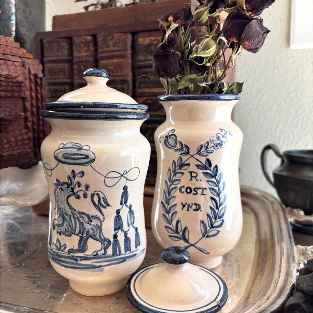 Pair of Glazed Apothecary Pottery Pieces Spanish or Italian